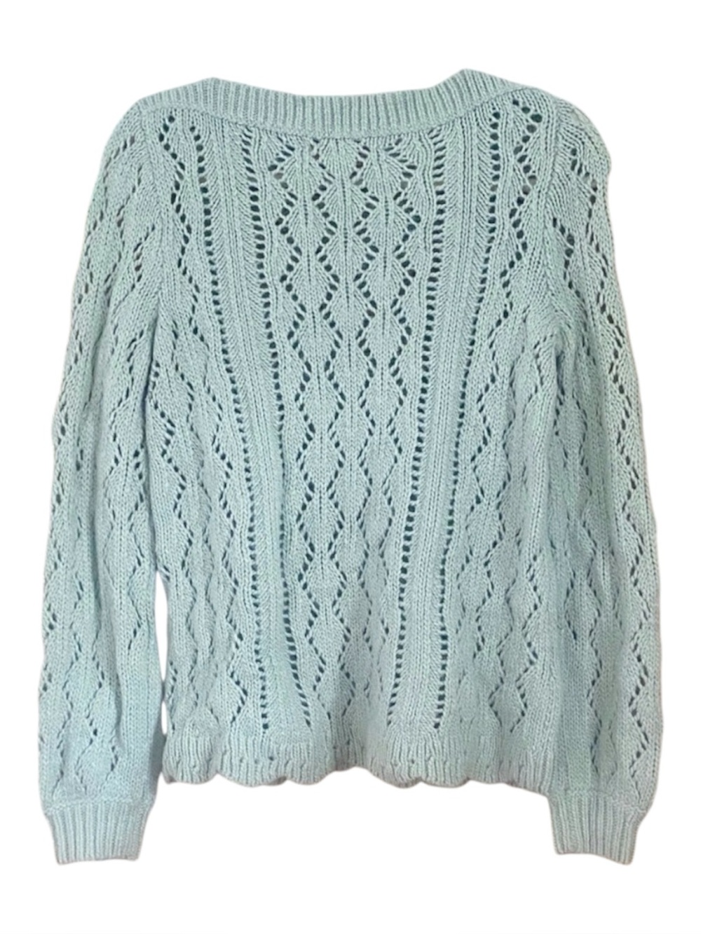 LOFT Mint Green Pointelle Sweater Open Knit Boat Neck Scallop Hem Small - Picture 5 of 11